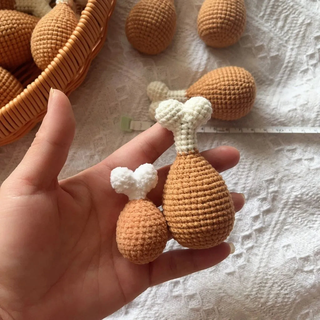 Crocheted plush chicken leg pendant key chain measuring 8 cm in length