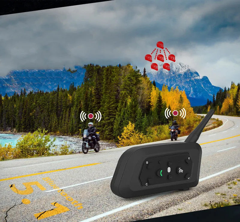 V6 Pro motorcycle Bluetooth intercom unit with headphones and mounting hardware