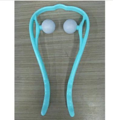 Blue manual swan-shaped neck massager with six rolling wheels and a natural crystal jade scraping board on a white background.