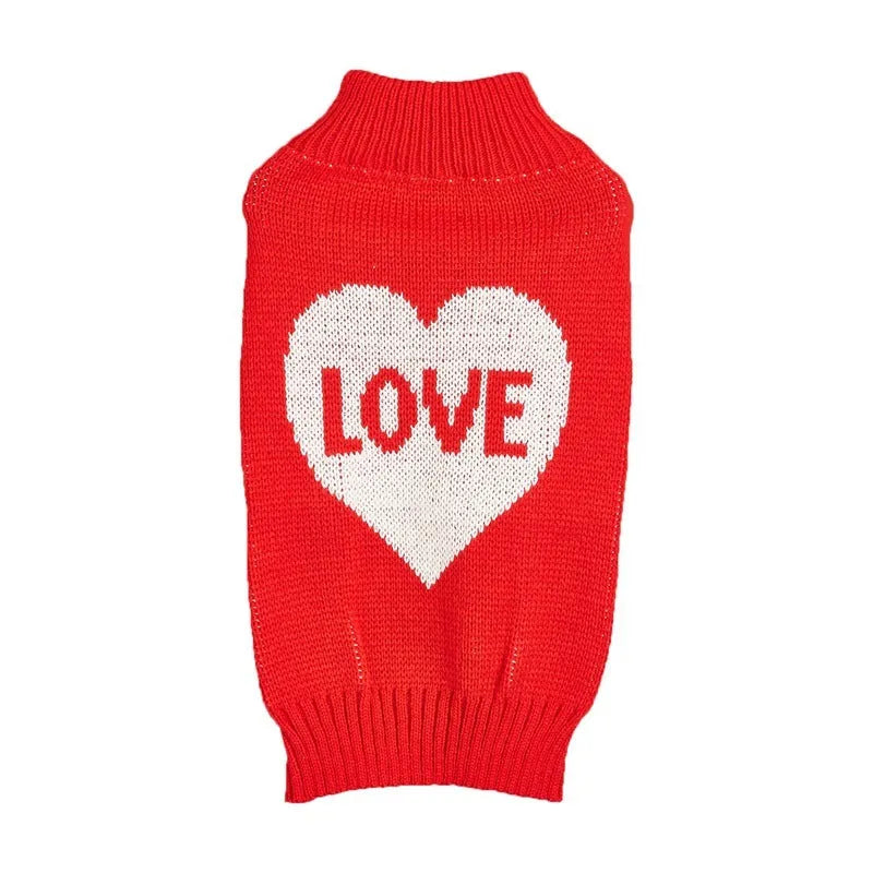 Red love heart design dog sweater on a small dog, showing acrylic knit and appliqué detail.