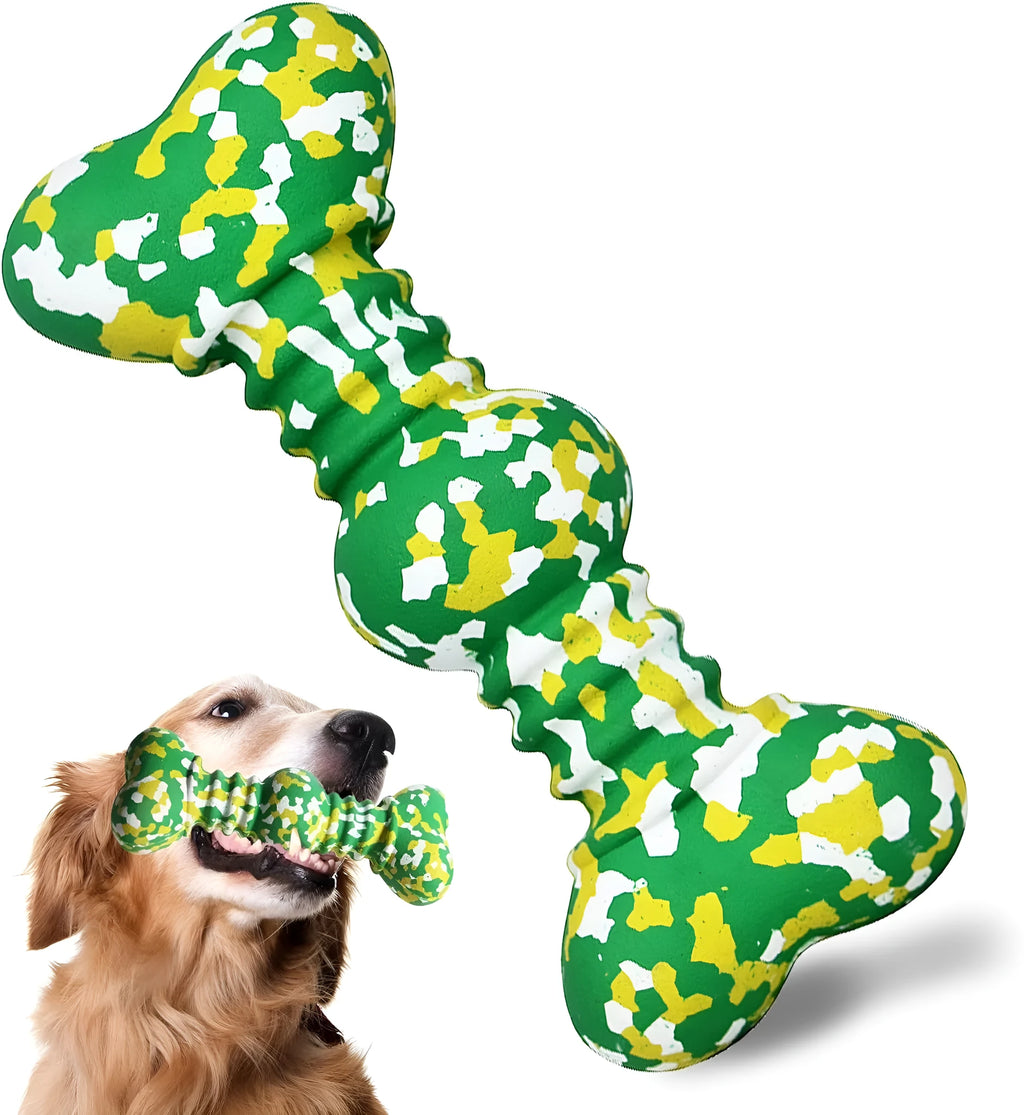 Green, white, and yellow camouflaged natural rubber bone-shaped chew toy for large dogs.
