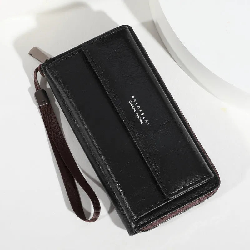 Men's long black PU leather-look wallet open to show multiple card slots.