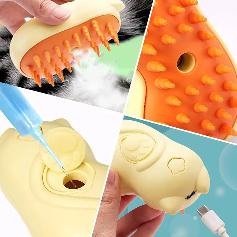White 3-in-1 steam grooming brush for cats and dogs on a grey surface.