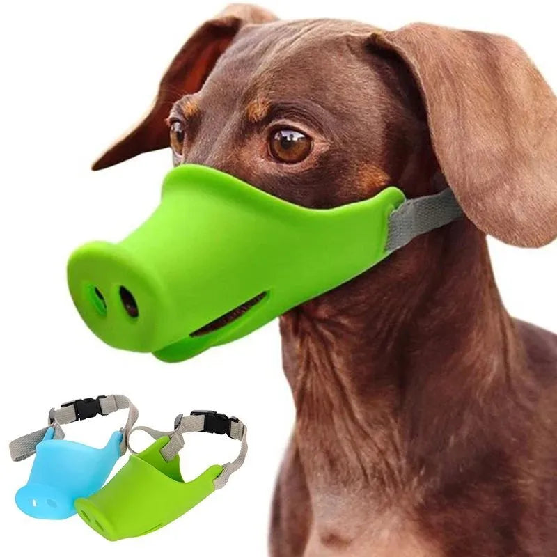 Blue and green silicone dog muzzle covers shown in small and large sizes for anti-bite training.