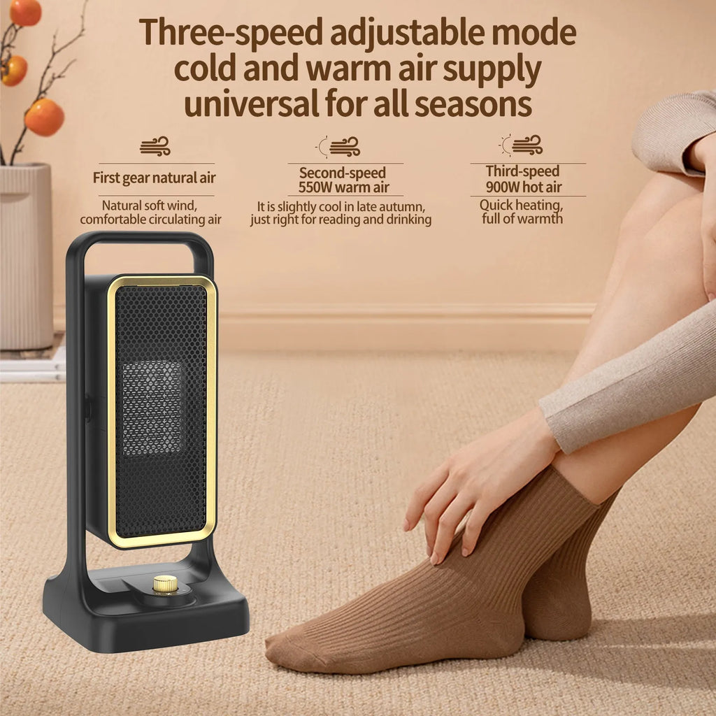 Black desktop PTC ceramic air heater with knob control, compact design measuring 14.9x11.1x33.5cm