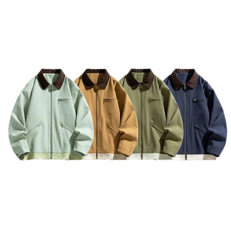 Men's Korean style loose fit casual jacket with contrast colour lapels in polyester fabric