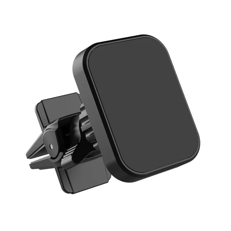 Black magnetic car phone holder attached to vehicle air vent with smartphone