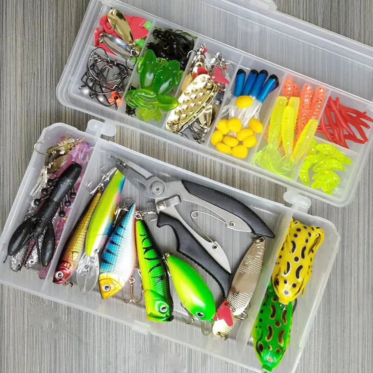 142-piece fishing lure collection with metal pliers showing hard mino and sequin baits