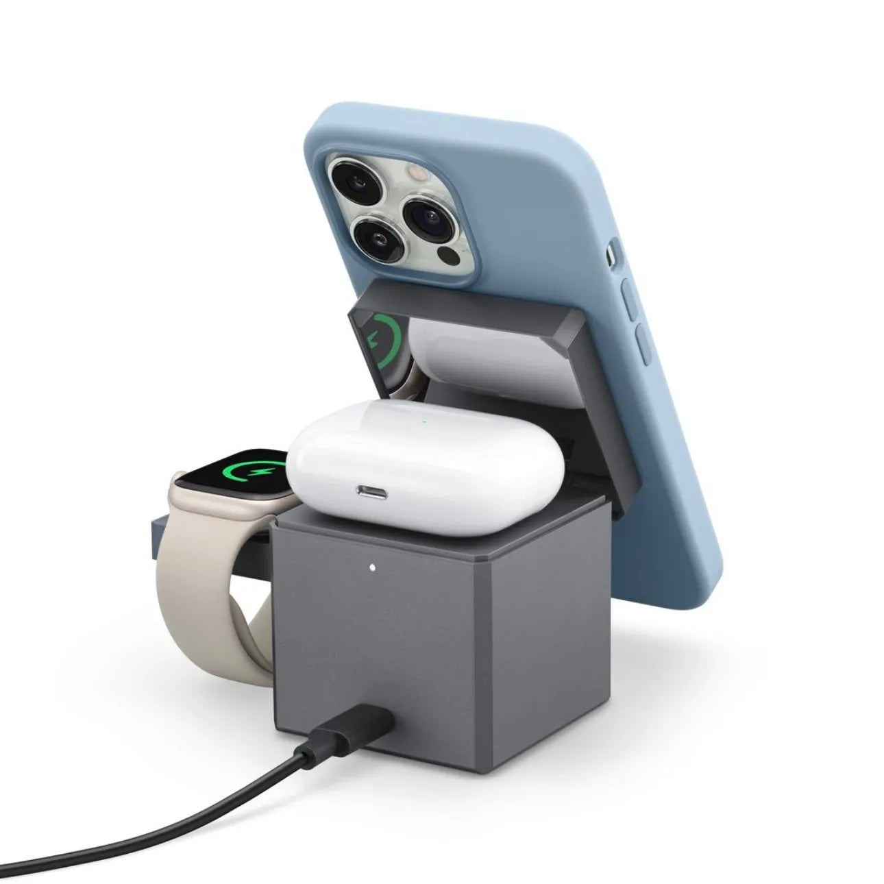 Foldable magnetic wireless charger showing compact size and Type-C port, suitable for iPhone, Apple Watch and AirPods.