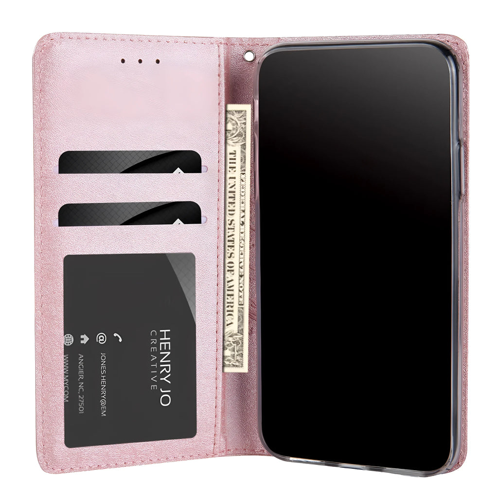 PU leather flip phone case with card slots for iPhone, shown in various colours.