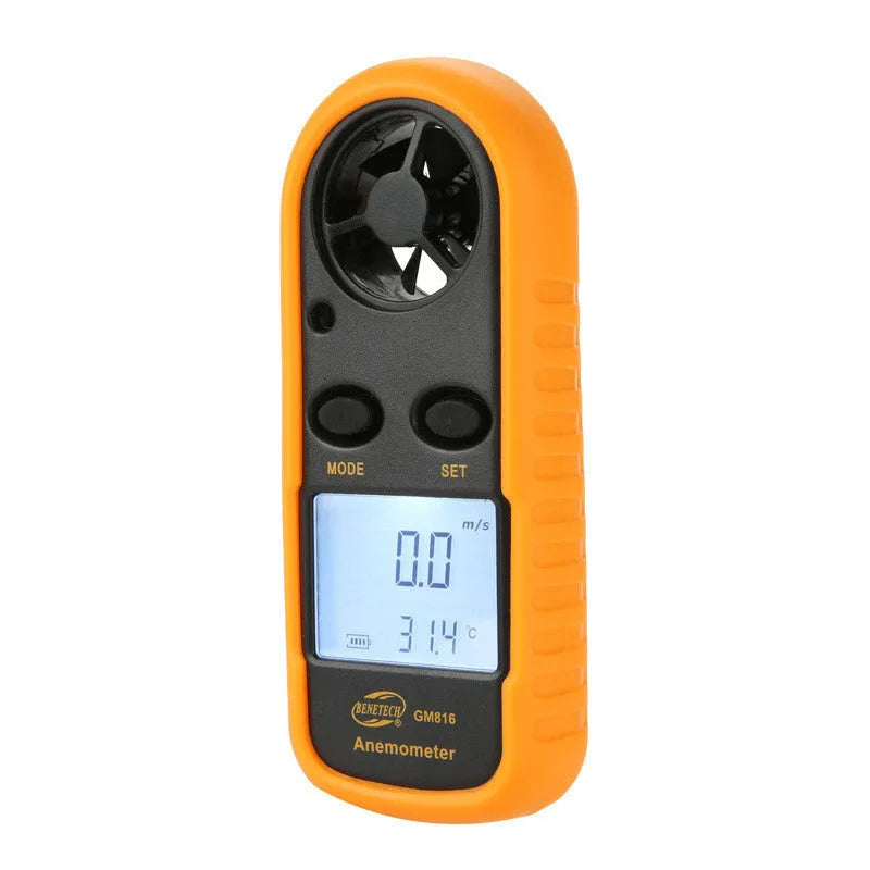 Orange digital portable wind speed measuring instrument anemometer showing display