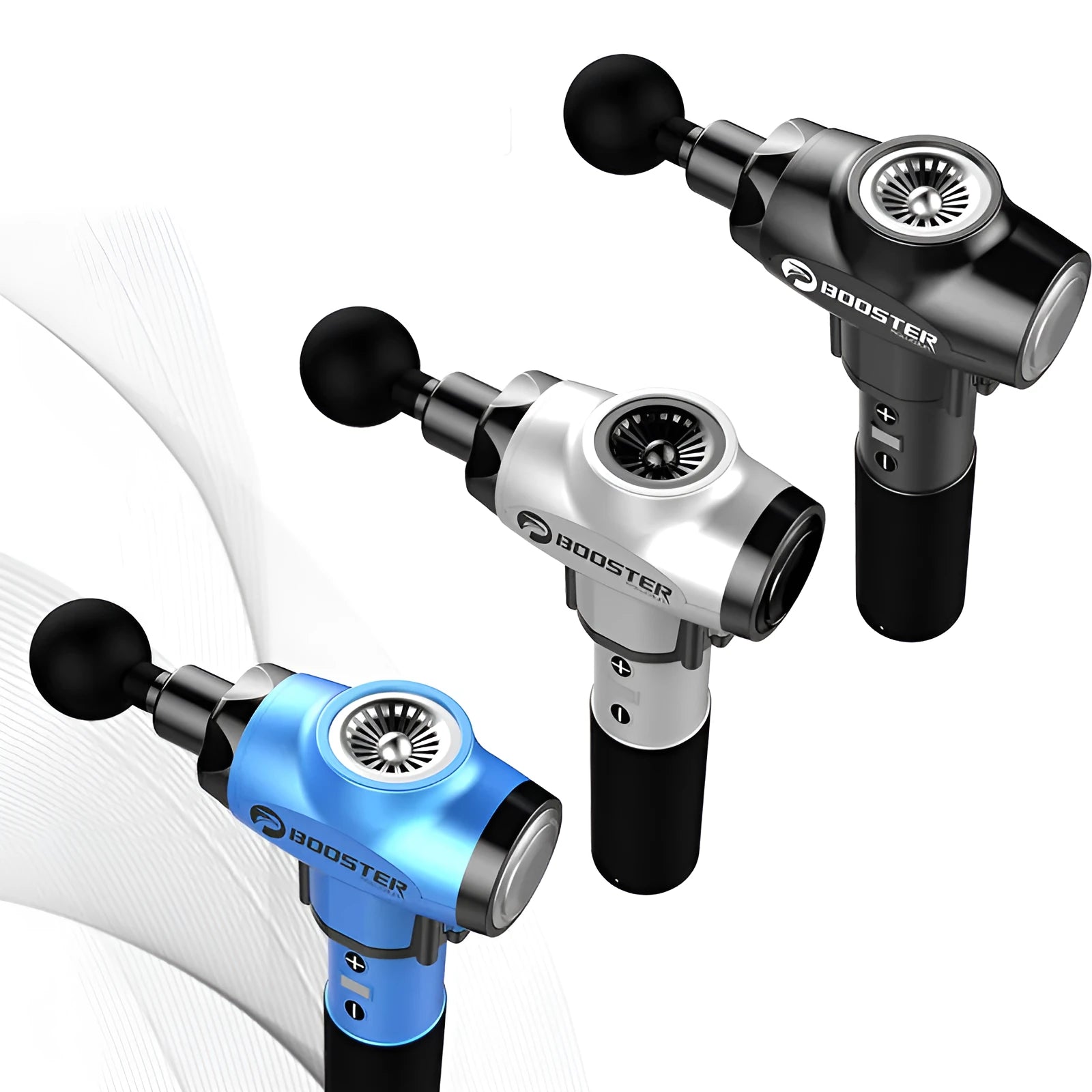 Black and white handheld muscle massager with adjustable speed control and lithium battery power