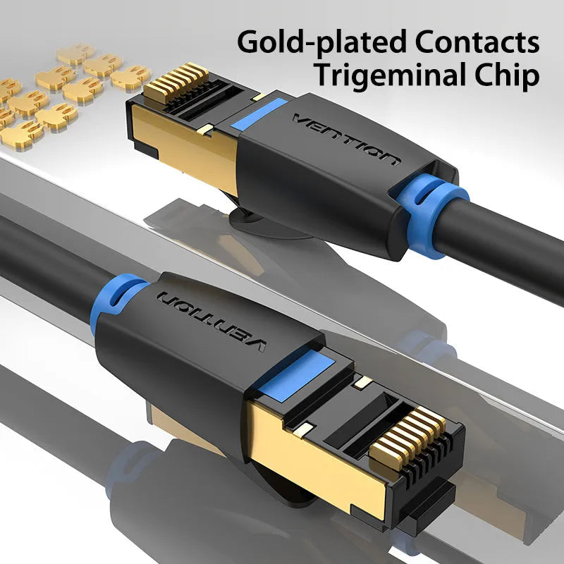 CAT8 shielded flat and round network cables with RJ45 connectors in various lengths from 0.5 to 10 metres