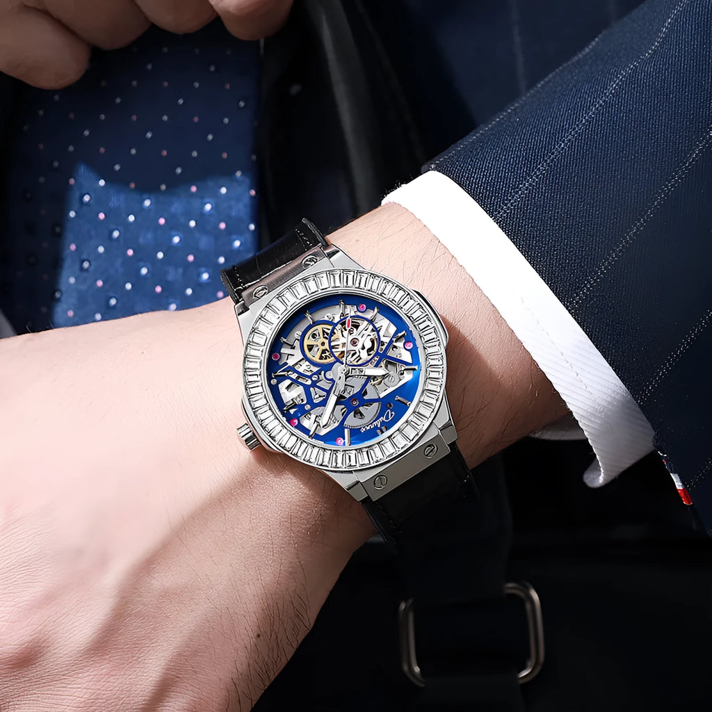 Men's automatic skeleton mechanical watch with diamond-studded dial in a white shell case.