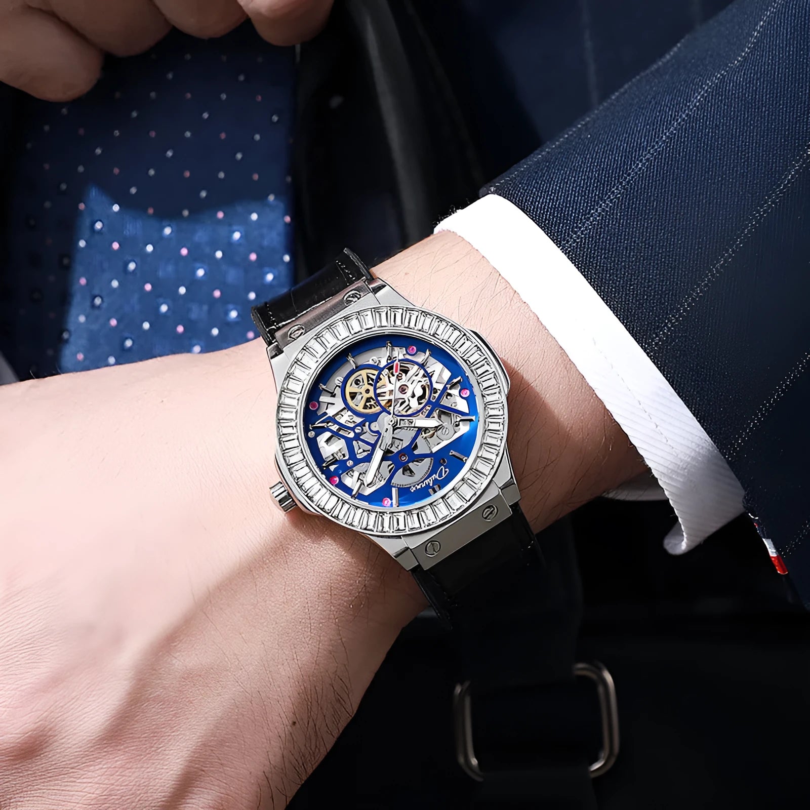 Men's automatic skeleton mechanical watch with diamond-studded dial in a white shell case.