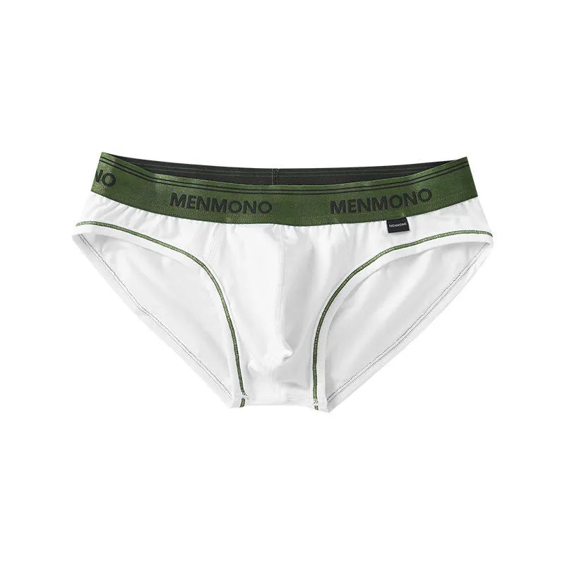 Men's low-waist cotton briefs in a two-tone colour on a solid background.