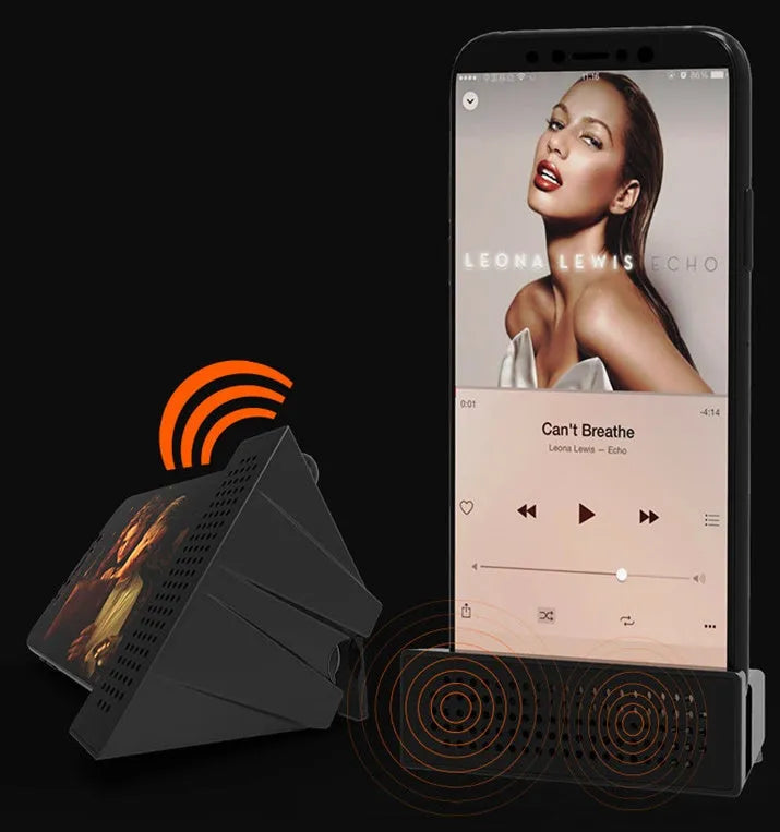 Mini pink phone amplifier holder for iPhone on desktop showing horizontal and vertical positioning