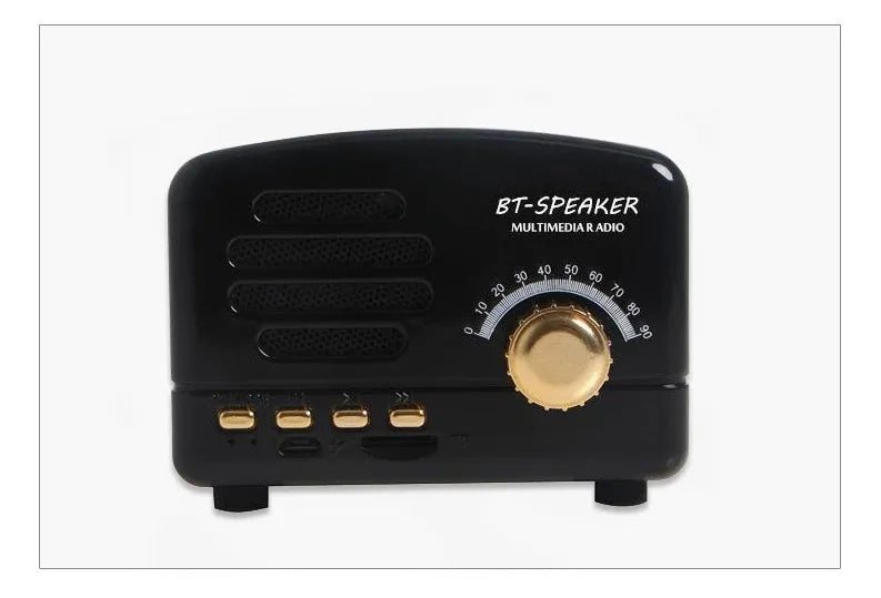 Compact Bluetooth speaker with wood grain finish, showing front grill and control buttons.