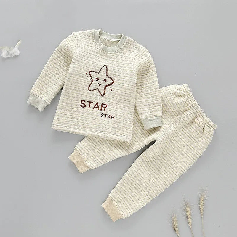 Infant warmer suit in natural coloured cotton with trousers style and cartoon stripe pattern