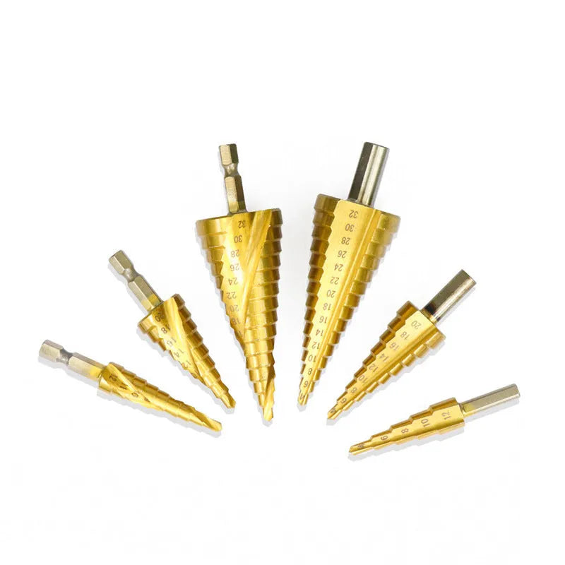 High speed steel step drill bits and a centre punch arranged as a set for hole enlargement.