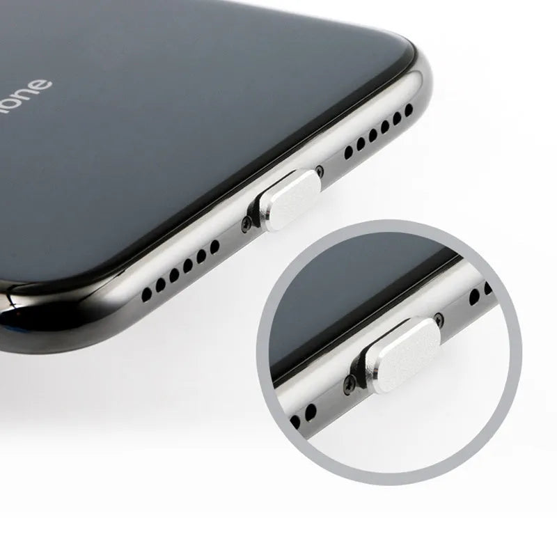 Aluminium alloy mobile phone charging port dust plug for iPhone, shown in multiple colours.