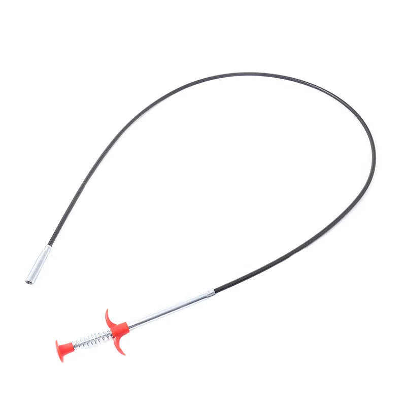 Flexible plastic and stainless steel drain cleaning spring tool with rubber grip for household pipe maintenance