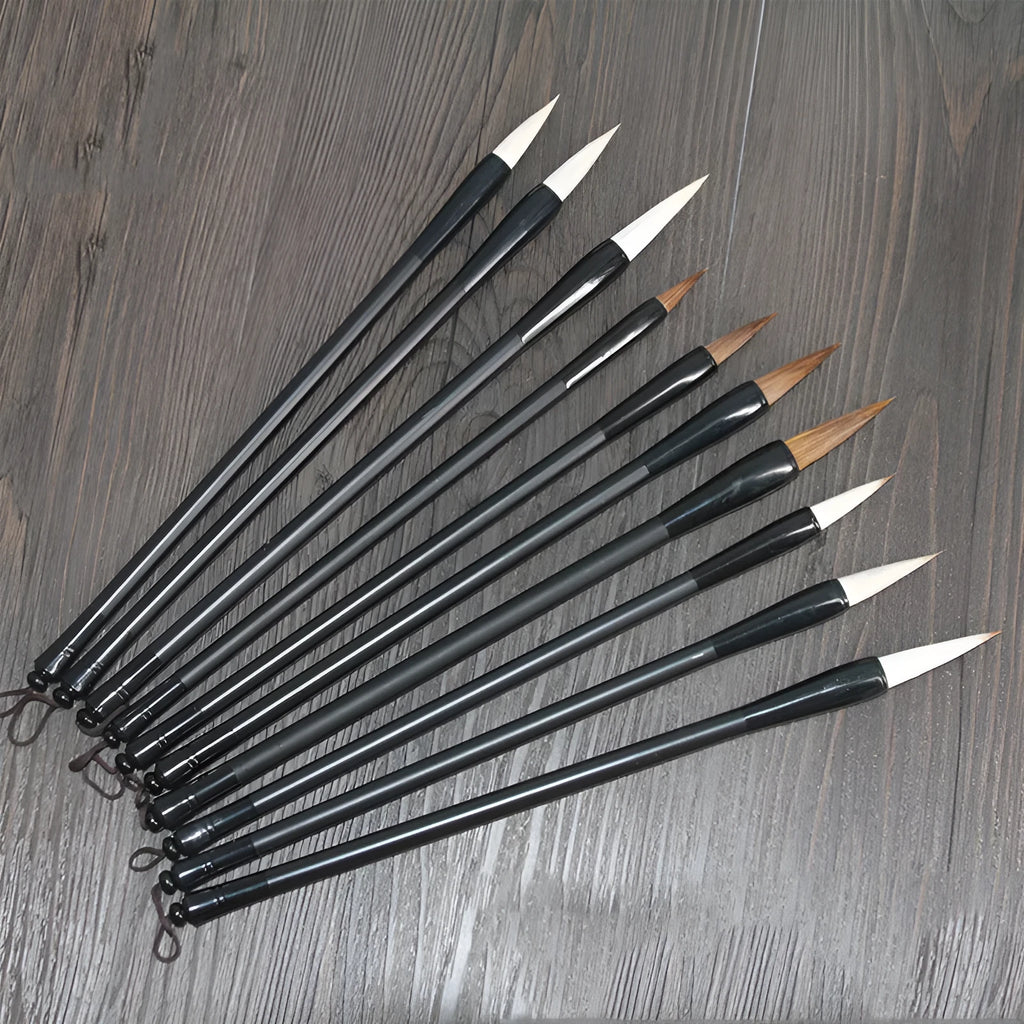 Traditional Chinese student writing brush with Jianhao nib on steel pipe barrel measuring 23cm length