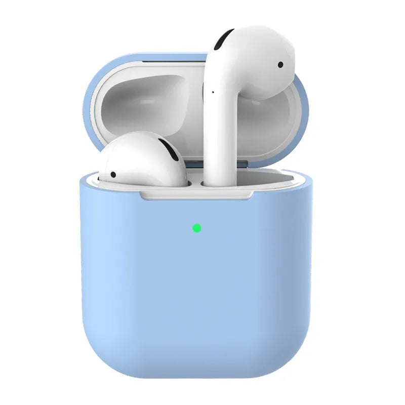 Silicone clamshell protector case for AirPods 2 wireless earphones shown in multiple colour options.