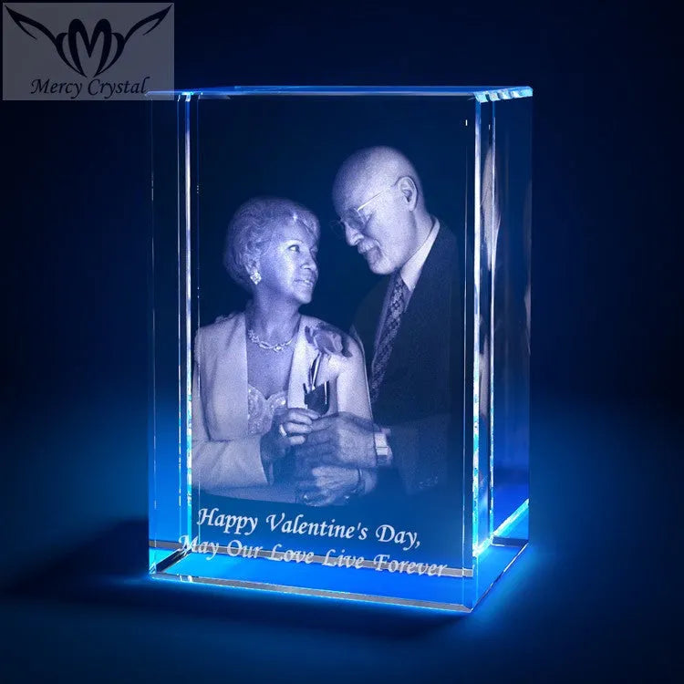 Custom laser engraved crystal sphere with personalised photo inside, available in multiple sizes and styles