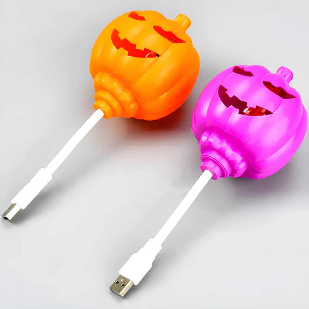Pumpkin-shaped decorative lamp with USB cable for Halloween and autumn lighting in yellow or purple colours