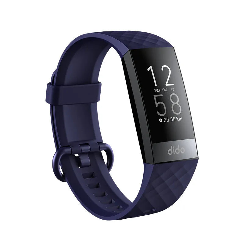 Black smart bracelet on wrist showing blood pressure and heart rate data on its 1.1-inch screen.