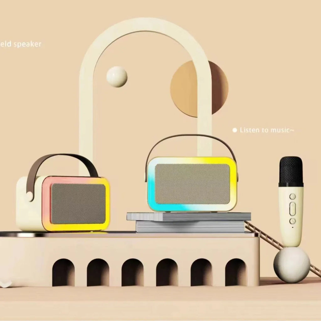 Portable Bluetooth karaoke speaker with microphone in pink, white, or sky blue colour.