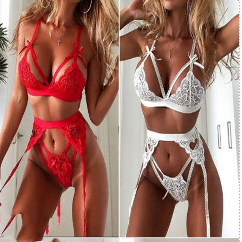 Red lace lingerie set for women showing bra and briefs with intricate lace detailing and adjustable straps