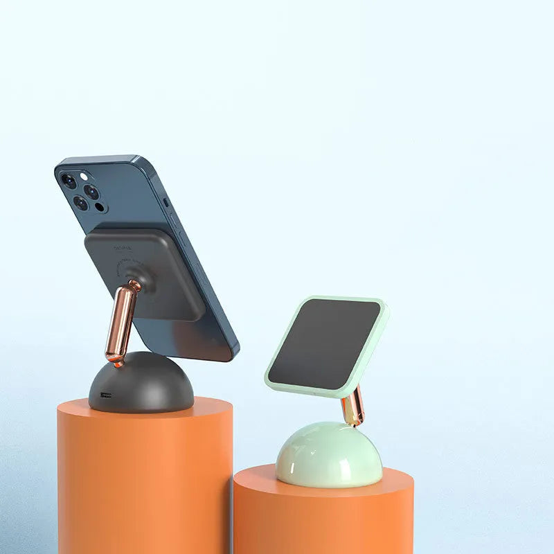 Mini magnetic desktop wireless charging stand in Space Grey with double ring magnet and LED indication