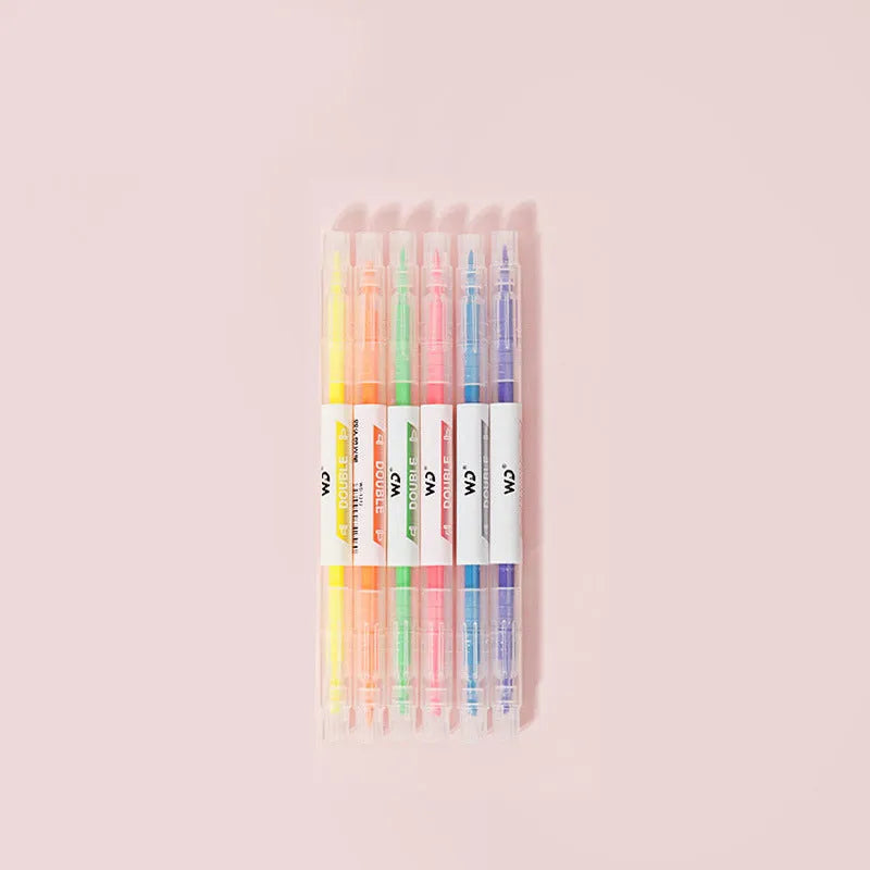 Set of six double-headed highlighter pens showing round and oblique nibs in orange, yellow, green, red, purple, and blue.