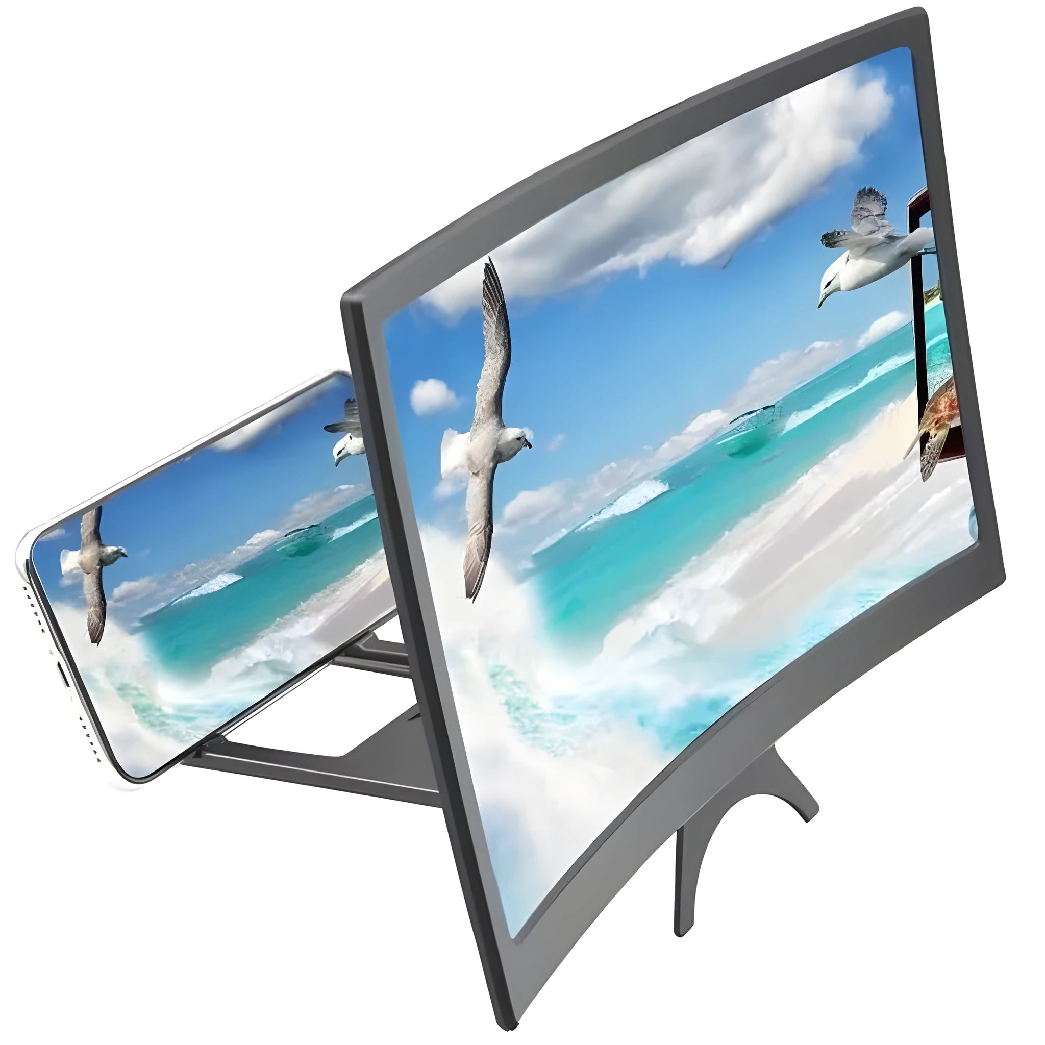 12 inch mobile screen magnifier bracket in black ABS with HD acrylic lens and anti-slip slot for phone