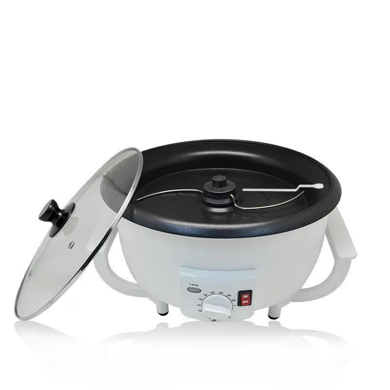 White oblate home coffee roasting machine with 750g capacity and 225mm base