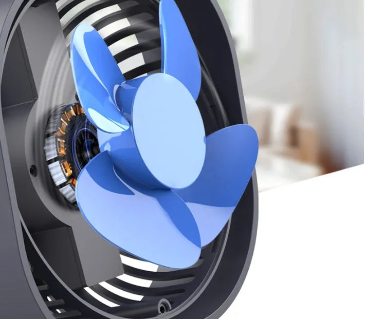 USB-powered desk fan with alarm clock in modern design, showing 360-degree rotation head in blue colour