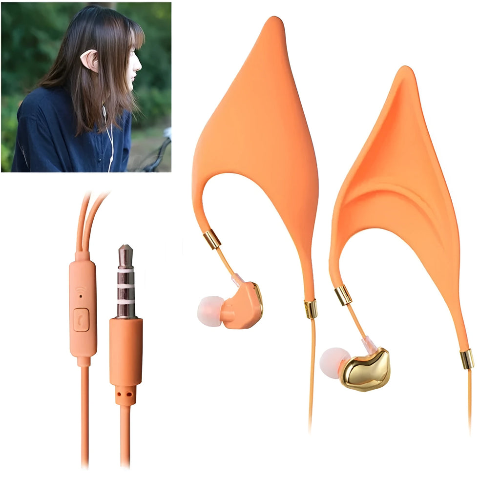 Cartoon elf ear headphones with 3.5mm plug and microphone in black, white and yellow colours