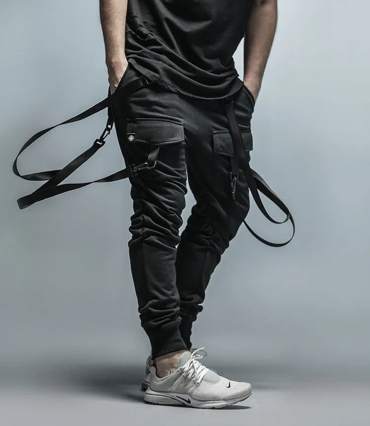 Black fashion fitness men's tapered pencil pants with belt size M to XXL
