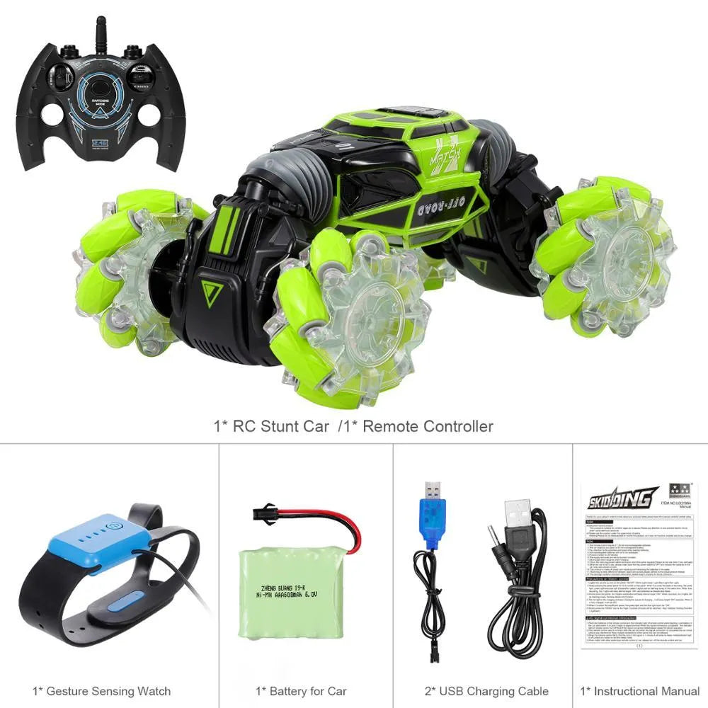 4WD RC stunt car in red with gesture remote control, morphing off-road design, plastic construction