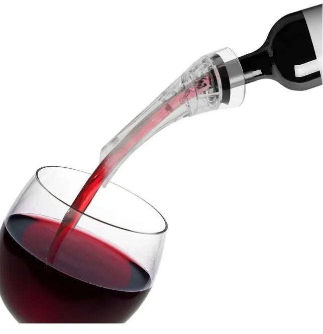 Compact clear acrylic wine aerator with a stainless steel filter inside, measuring 16cm.