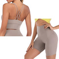 Women's yoga outfit with thick mold cup bra, glossy nylon spandex, fixed shoulder straps, green and purple gray