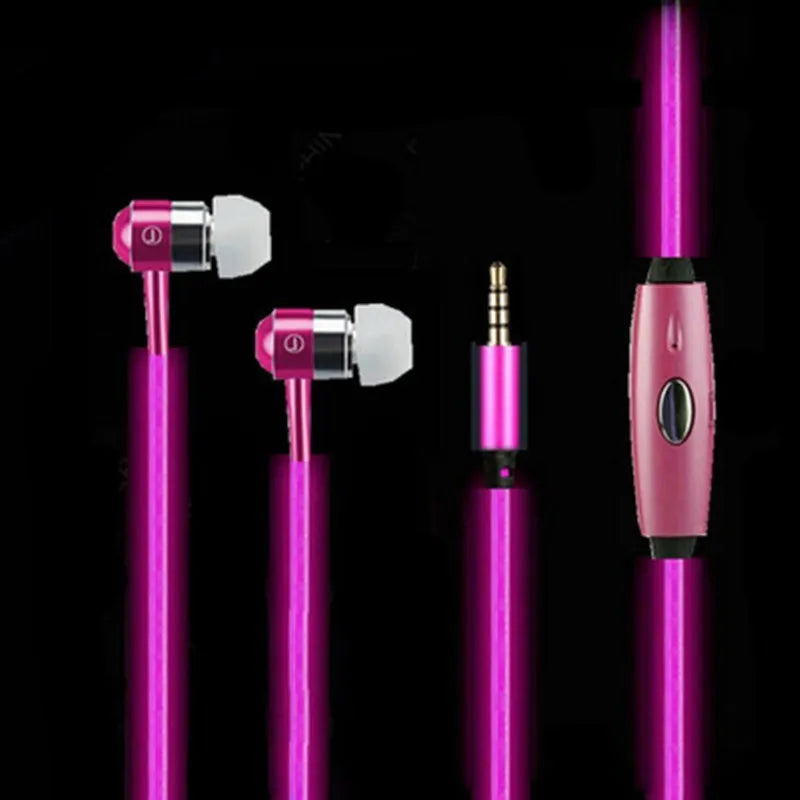 Blue LED light-up earphones with aluminium alloy shells showing rhythm-sync lighting patterns