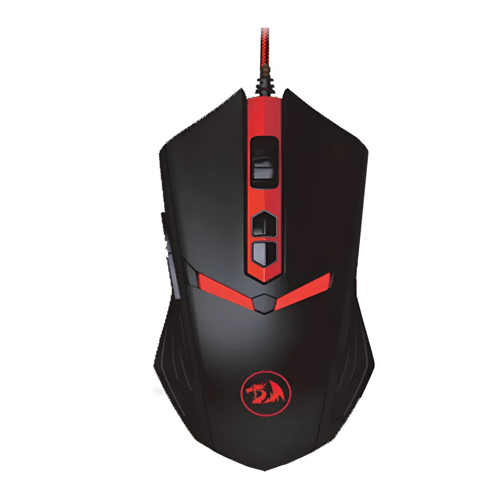 Black and red USB wired optical gaming mouse with six buttons on a desktop.
