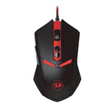Black and red USB wired optical gaming mouse with six buttons on a desktop.
