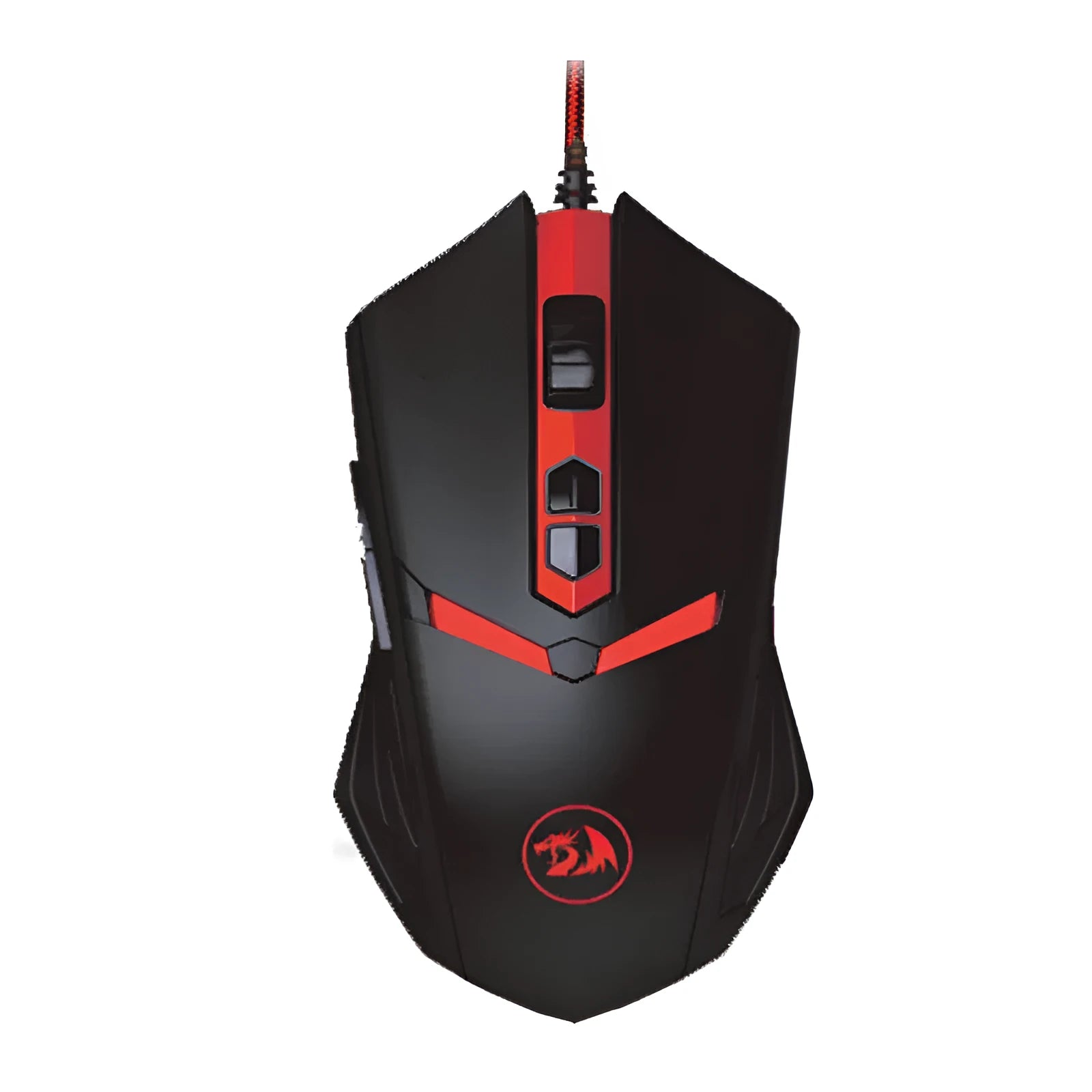 Black and red USB wired optical gaming mouse with six buttons on a desktop.