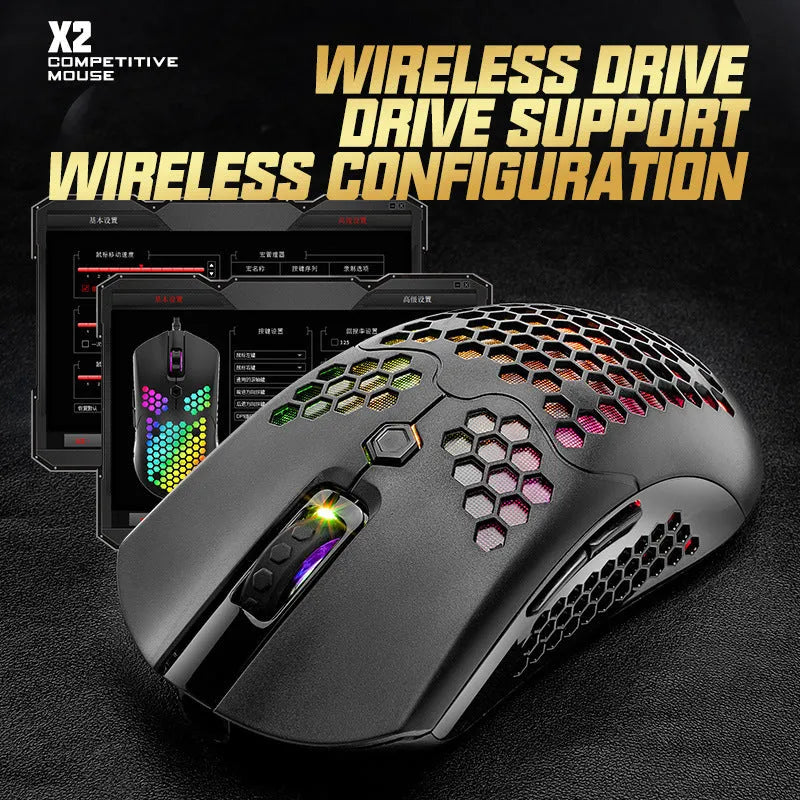Free Wolf X2 wireless gaming mouse with RGB lighting in black, green, pink, white, and yellow colour options.