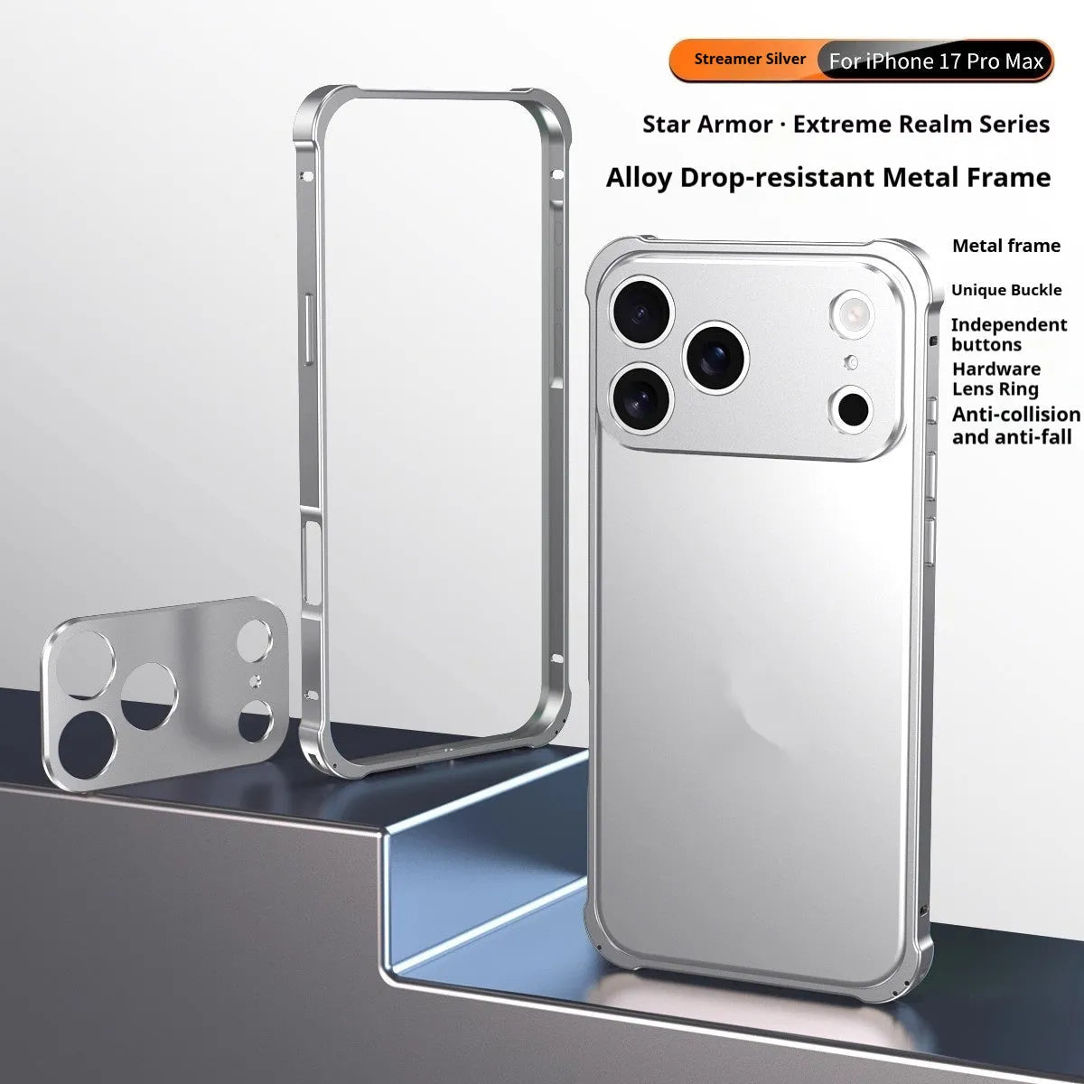 Alloy metal frame mobile phone case for iPhone 17 with seahorse buckle in a selection of five colours.