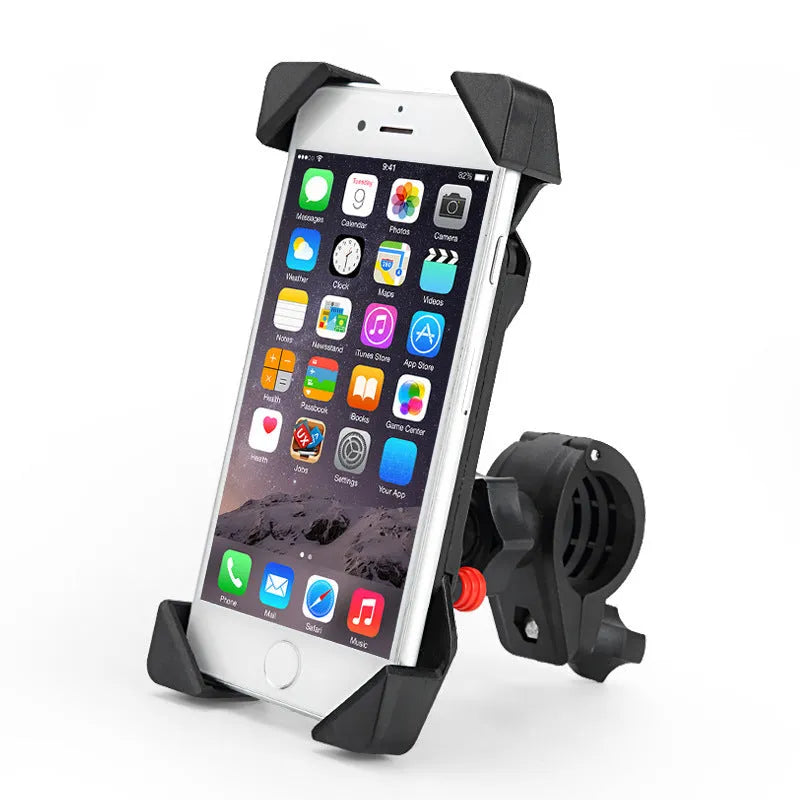 Black motorcycle phone mount with adjustable arms and USB charging port on handlebar
